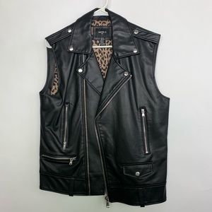 Black Faux Leather Biker Punk Leopard Vest